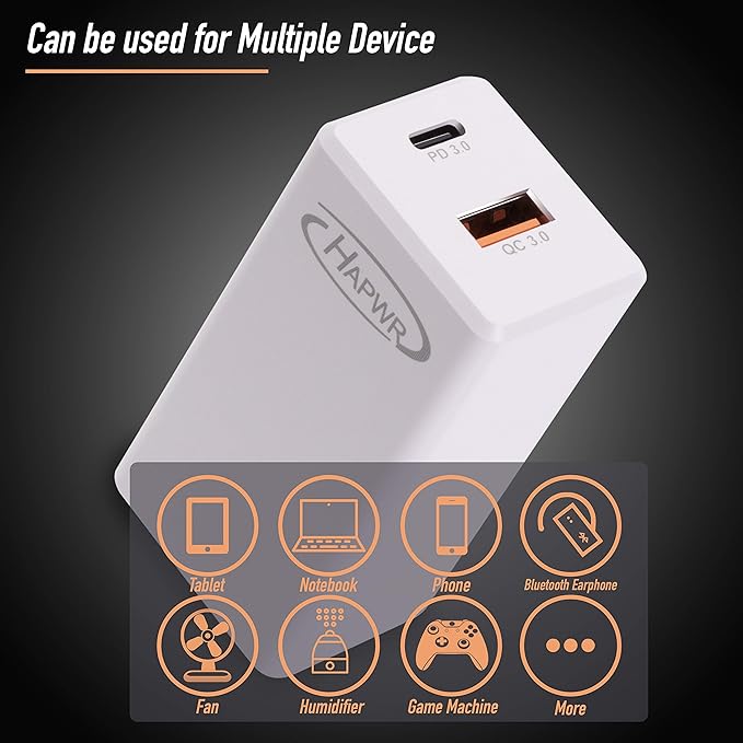 GaN Tech 65W Dual Port PD Wall Charger with 5ft USB C Cable for MacBook, Laptops, iPad Pro, iPhone 12, Galaxy, Pixel and More (White)