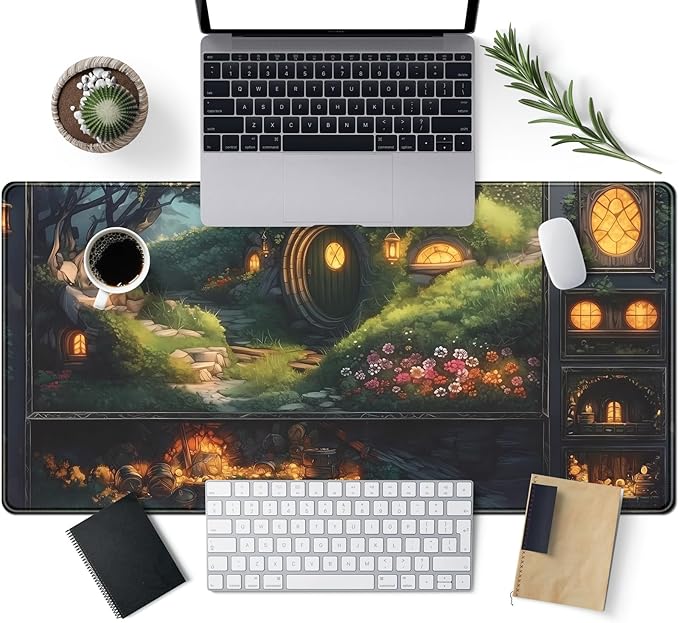 Cute Anime Large Gaming Mouse Pad Green Middle Earth Desk Mat Playmat Extended Mousepad XXL Desk Pad Computer Laptop Keyboard Pad Long Big Mouse Mat Office Decor Accessories 31.5x15.7 in