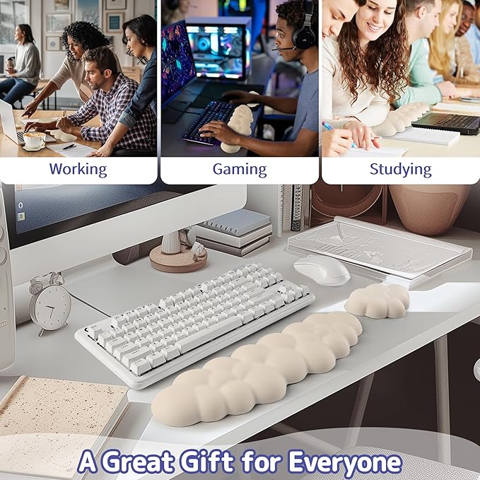 Sushret Cloud Wrist Rest Keyboard, Cloud Keyboard Wrist Pad Set with PU Leather Memory Foam, Cute Arm Rest for Palm Support, PC/Gaming Desk Accessories/Office Setup/Computer Hand Cushion - Beige