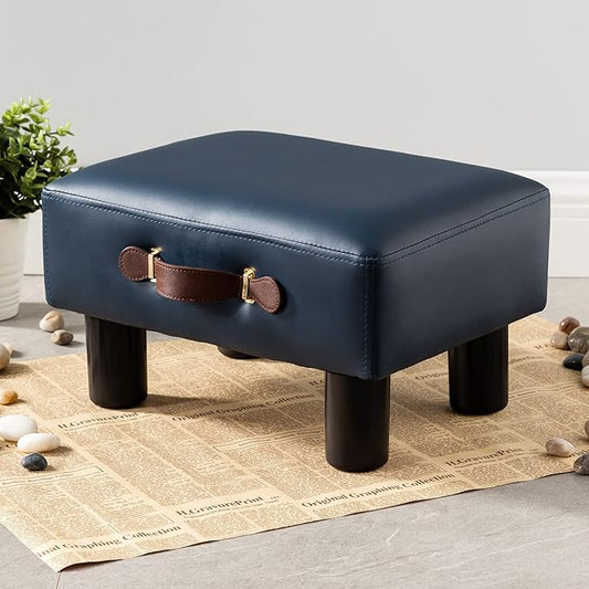 Small Foot Stool with Handle, Blue PU Leather Short Foot Stool Rest, Rectangle Storage Foot Stools Ottoman with Plastic Legs, Padded Footstool Small Step Stool for Living Room, Office, Desk, Patio