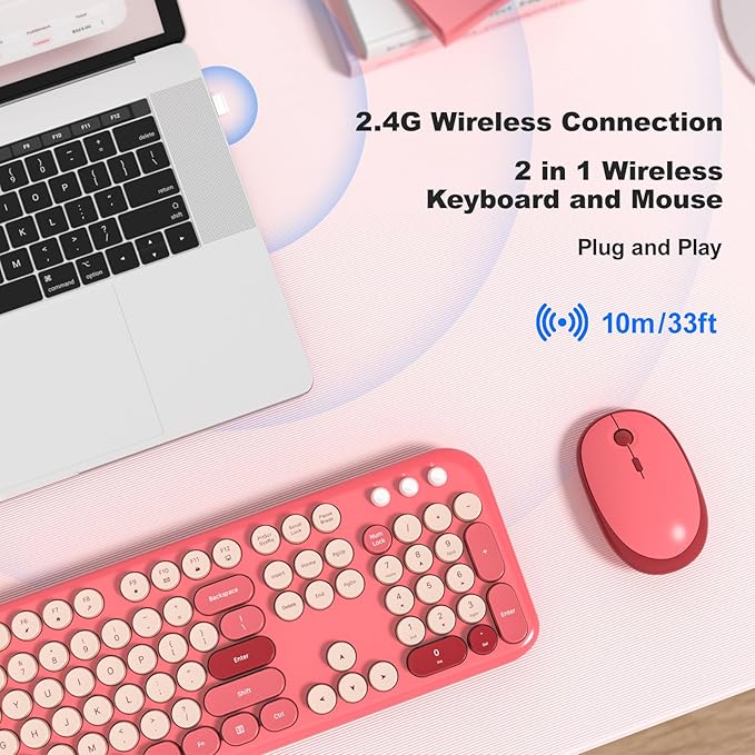 Wireless Keyboard and Mouse Combo, 2.4Ghz USB Retro Full Size Typewriter Keyboard and Cute Mouse Set for Windows 7/8/10, Laptop, Desktop, PC, Computer