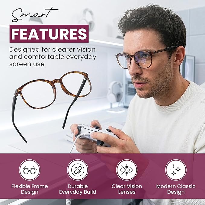 LifeArt Round Blue Light Blocking Glasses, Computer Glasses, Gaming Glasses, TV Glasses for Women Men (Tortoise, 4.00 Magnification)