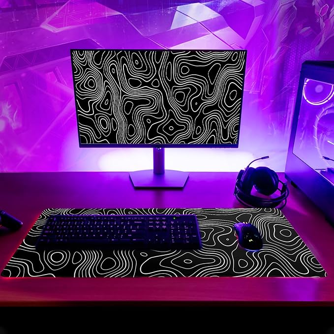 Topographic Contour Gaming Mouse Pad Black Large Mouse Pad for Keyboard and Mousepad Desk Mat with 3mm Non-Slip Base and Stitched Edge for Gaming and Office Computer Mat Protector Mat 27.6x11.8 Inch