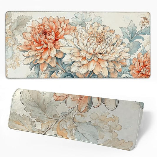 Desk Mat Blooming Chrysanthemums Desk Pad for Keyboard and Mouse, Large Big Gaming Mouse Pad with Stitched Edges for Work Game, 35.43 x 15.75 in