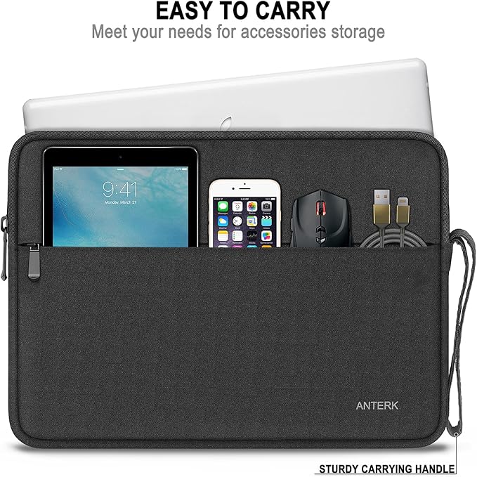 Laptop Sleeve Case 15.6 Inch, Water Resistant Shockproof Protective Computer Cover with Handle, Traveling Carrying Bag with Pocket, Portable Laptop Case Compatible for HP, Dell, Asus, Lenovo, Black