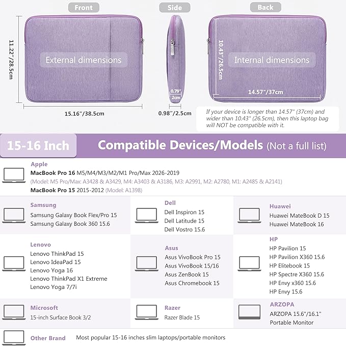 HYZUO 15-16 Inch Laptop Sleeve Bag Set for MacBook Pro 16 M5/M4/M3/M2/M1 Pro/Max A3428 A3429 2026-2019, 15" Surface Book, Notebook Case for 15" 15.6" HP Dell Lenovo Asus Acer Samsung, Lilac Purple