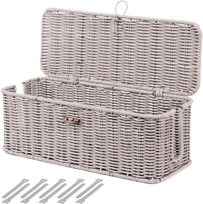 BROWNLILY Cable Management Box, Rattan Style Cord Organizer for Desk Cord Hider Outlet Covers Baby Proofing for Power Strip TV PC Router Charger Under Desk Storage with Lockable Lid and Cable Ties by Unknown