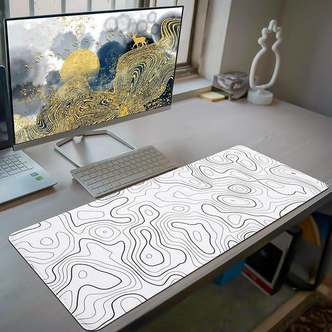 White Mouse Pad, 31.5" x 11.8" White Desk Mat Topographic Mouse Pad for Desktop, Large Gaming Mousepad with Stitched Edges, XL Long Mousepad Big with Rubber Base for Office Gaming Home