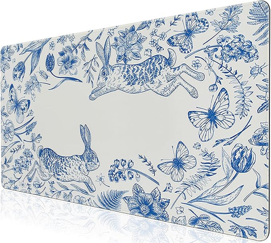 L-SPOUTTO Blue Floral Desk Mat for Keyboard and Mouse,Cute XXL Gaming Mouse Pad,Large 35.4x15.7in Non-Slip Rubber Base Keyboard Pad Waterproof Desktop Mat for Laptop Computer Work Home Office-Rabbits