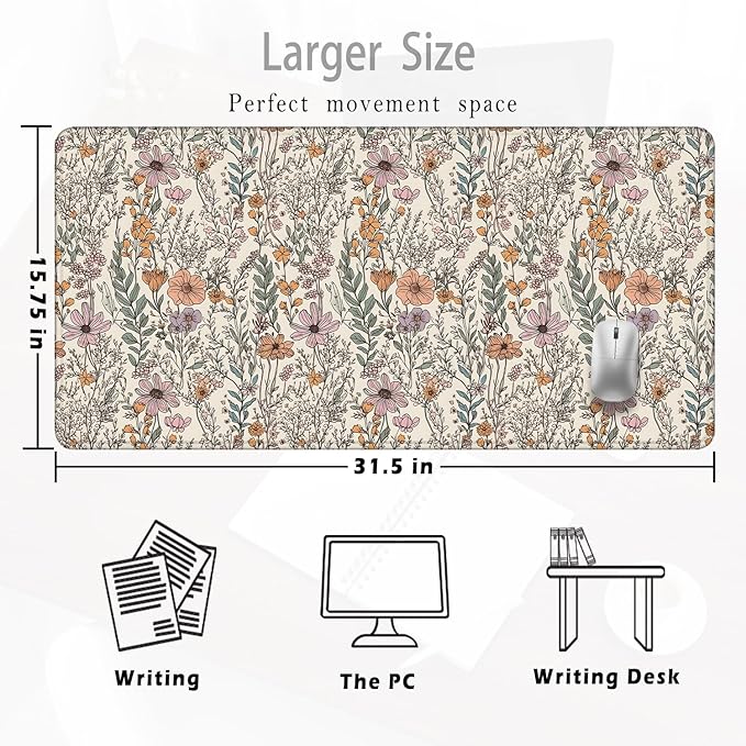 Vintage Rustic Wildflower Floral Large Mouse Pad 31.5x15.7inch, Retro Cottagecore Botanical Flower Large Extended Computer Desk Mat Mousepad for Keyboard and Mouse, Floral Desk Accessories
