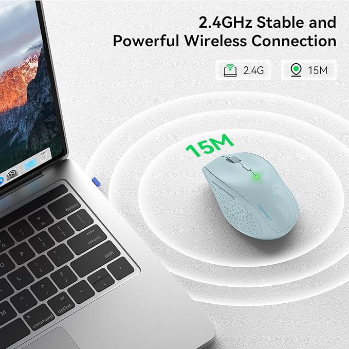 TECKNET Wireless Mouse, 2.4G USB Computer Mouse with 6-Level Adjustable 4800 DPI, 30 Months Battery, Ergonomic Grips, 6 Buttons Portable for PC, Chromebook, Mac - Lightblue