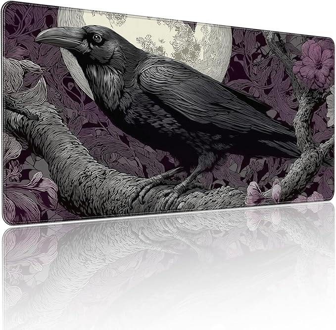 XXL Gaming Mouse Pad, Gothic Raven Moon Design with Purple Floral, 35.4 x 15.7 Inches, Non-Slip Rubber Base, Waterproof Surface，A Keyboard and Mouse Accessory Suitable for Home Gaming and Work.