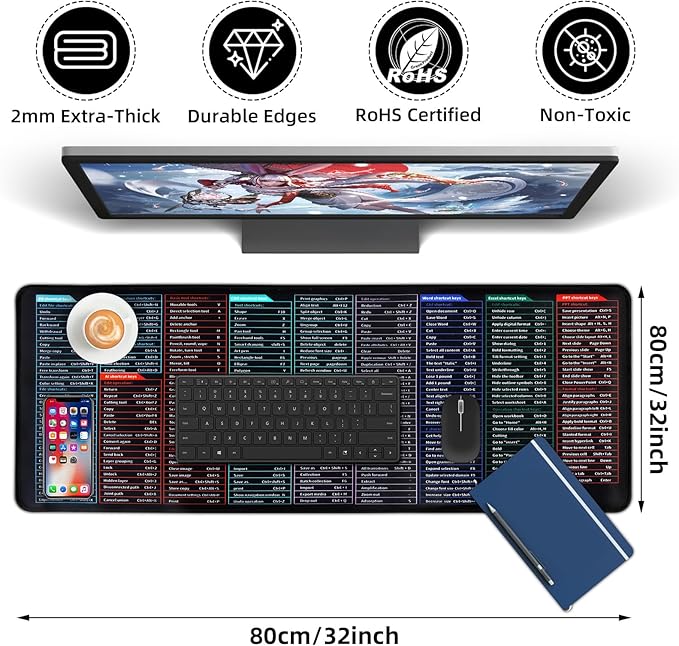 Quick Key Keyboard Mouse Pad, Non-Slip Desk Mat with Office Software Shortcuts Pattern, Upgraded Extended Large Rubber Base Mice Smooth Cloth Mouse Pad Desk Mat