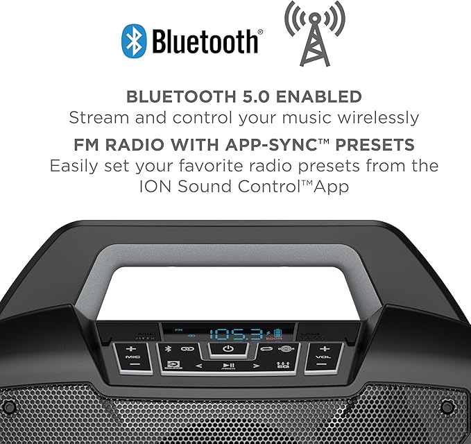 ION Sport Boom - Portable 60W Outdoor Bluetooth Speaker with Microphone, IPX5 Water-Resistant, 15-Hour Battery, FM Radio, USB Port, App
