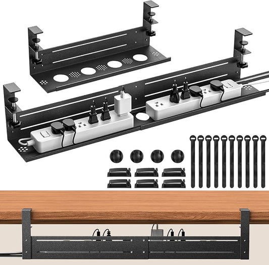 Under Desk Cable Management Tray - 18-29in Retractable Iron Cord Organizer, No-Drill Installation with Anti-Slip Pads, Desk Cable Tray for Office, Gaming,Standing Desks(Black) by Unknown