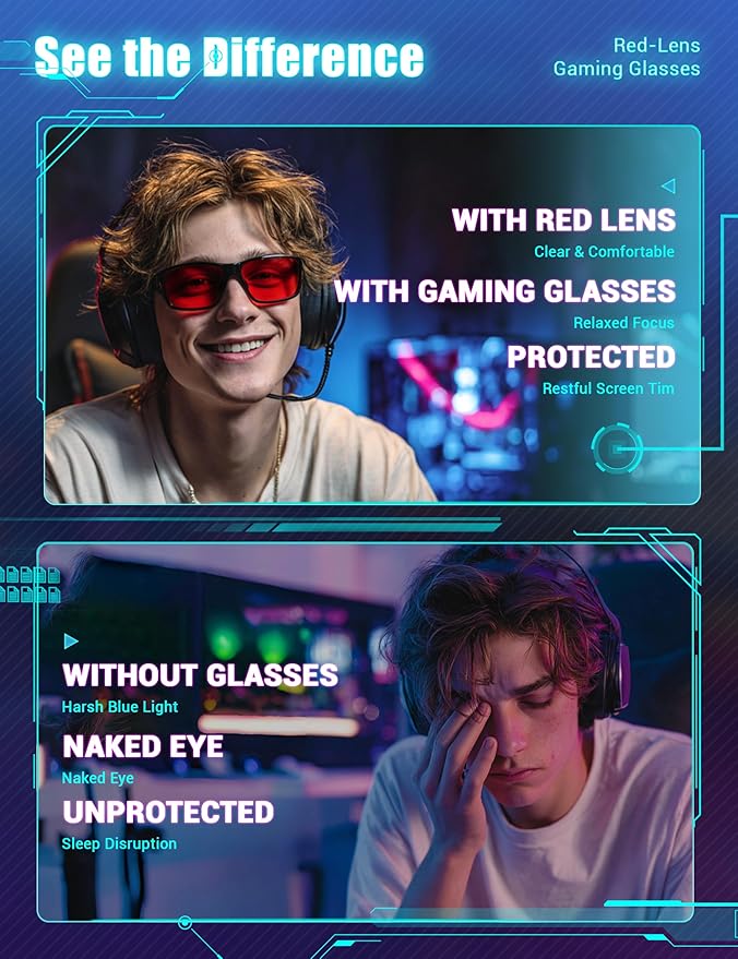TIJN Sonia Red Sleep Glasses Orange Lens for Blue & Green Light Blocking,Dual AR Coating,Wraparound Frame for Gaming Screen