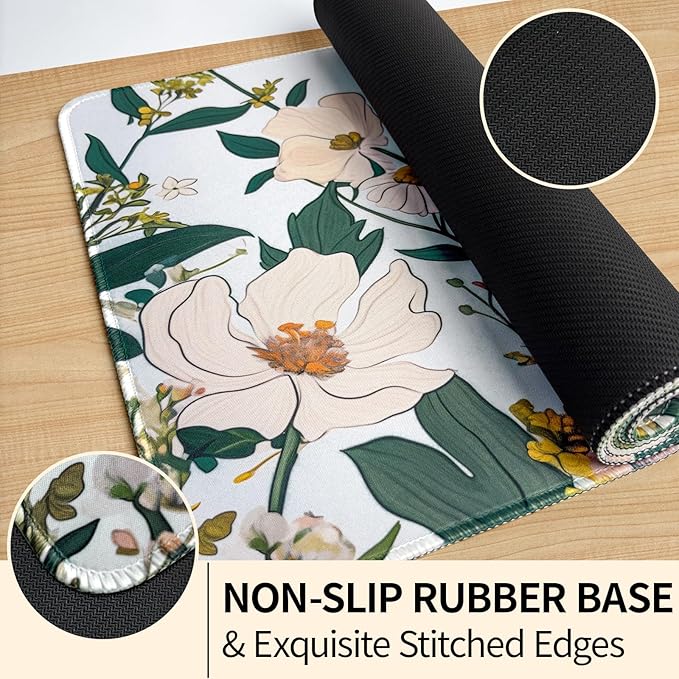 Floral Desk Mat, Desk Matt for Desktop Non-Slip, Large Mouse Pad with Stitched Edges, XL Computer Desk Mat for Women Office Decor (Yellow, 31.5" x 15.7")