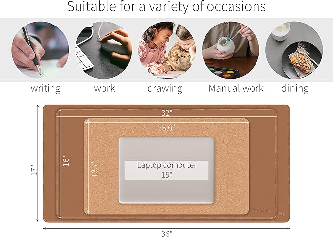 RENMTURE Dual-Sided Mouse Pad, Natural Cork & PU Leather Large Desk Pad for Office and Home Work, Desk Protector Non-Slip, Waterproof, Easy Clean (Brown, 32"x16")