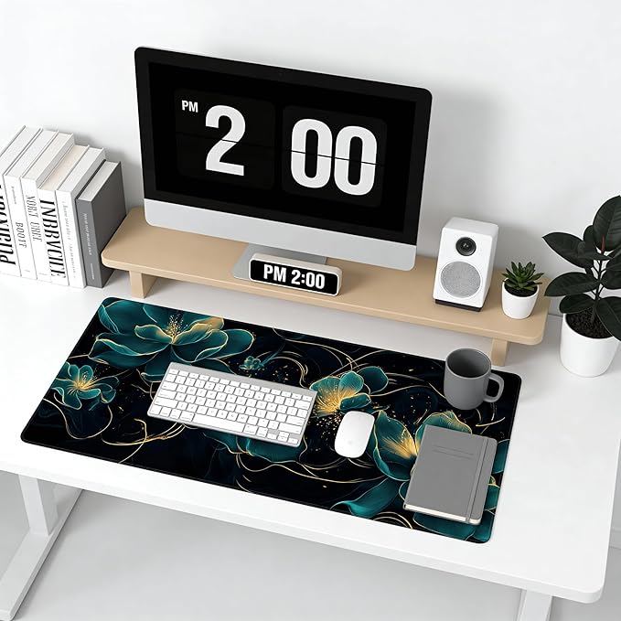 Floral Aesthetic Lotus Large Mouse Pad, Deep Blue Modern Desk Mat with Anti-Slip Base & Stitched Edges,35.4" x 15.7" in Desk Accessories for Women, Home Office Decor & Artistic Gift