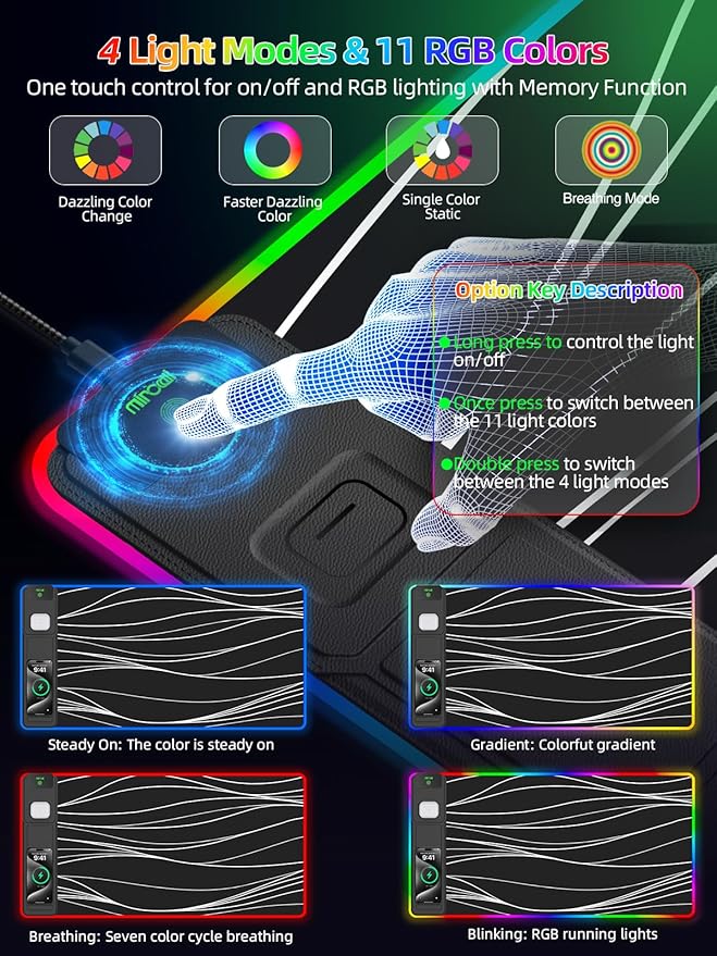 Mouse Pad with Adjustable Phone Stand Dual Wireless Charger, 15W Fast Charging Desk Mat, Extra Large 31.5x15.75 Waterproof Desk Pad for iPhone Samsung Air-Pods, Gaming Mousepad w/ 11&4 RGB