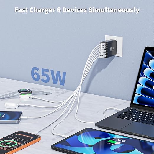 65W USB C Charger Block,2Pack 6-Port Apple USB C GaN Charger Fast Charging PD Power Adapter+QC Wall Plug Multiport Type C Box Brick for iPhone 17 17Air 16 15 14 13 12 11 Pro Max XS,iPad,AirPods,Black
