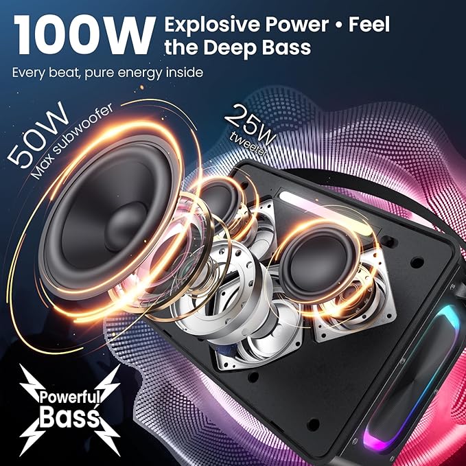100W Peak Bluetooth Speaker, Loud Wireless Portable Speaker IPX6 Waterproof Outdoor Speaker with LED Lights Powerful Stereo Sound & Deep Bass 36H Playtime, EQ Boombox for Party Camping