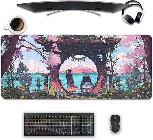 Cartoon Desktop Mouse Pad Large,Japanese Panda Desk Pad,Mouse Mat for Desk,Keyboard Pad,Gaming Mousepad with Stitched Edges,Non-Slip Waterproof Rubber Base for Computer Office Home Work(27.5X11.8 in)