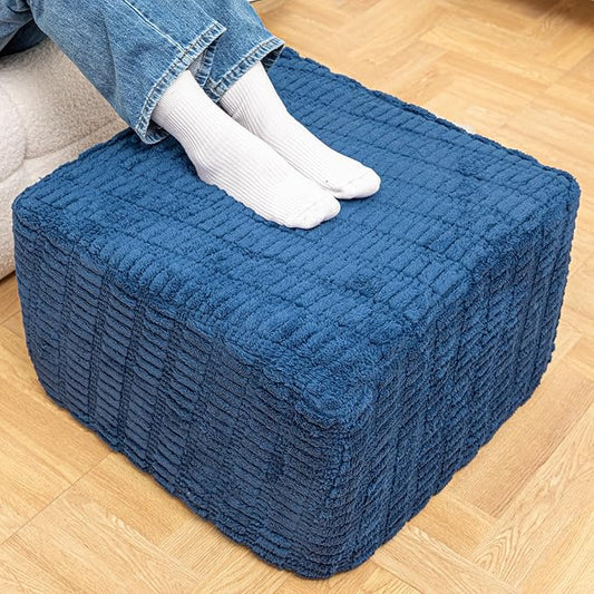Round Plush Ottoman Pouf Stuffed– Fluffy Ottoman Foot Rest with Modern Foam Filler 20" x 14" Cozy Floor Pouf for Living Room & Bedroom (Navy Blue)