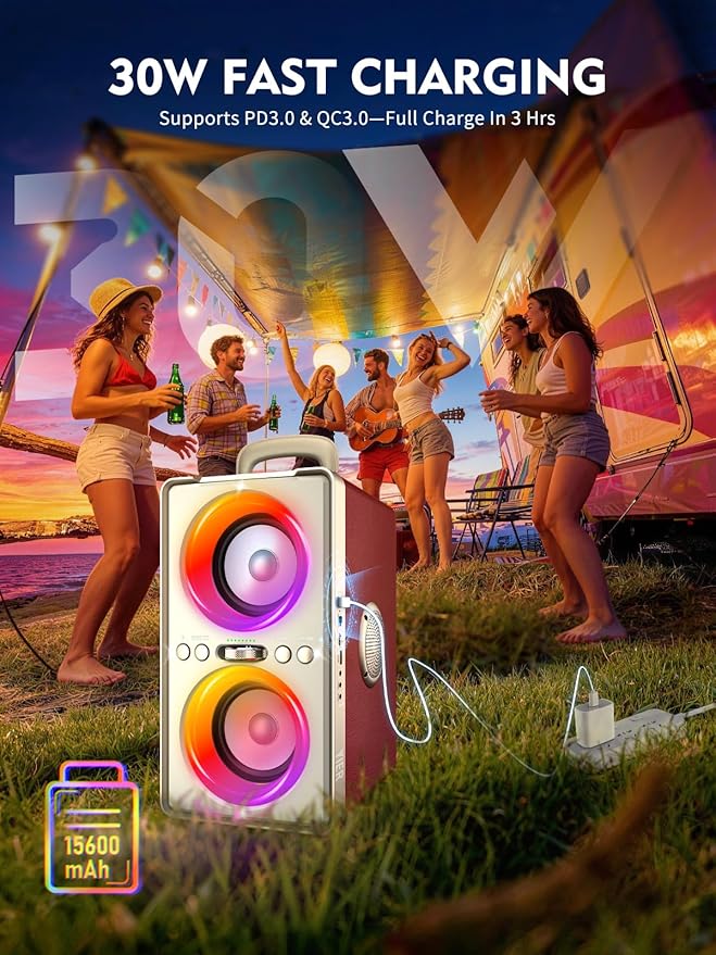 Bluetooth Speaker, 240W Peak Loud Party Speaker with Big Bass, 20H Playtime, TWS, BT5.3, Large Portable Wireless Boom Box with LED Light for Outdoor Backyard Beach Home (Leather Red)