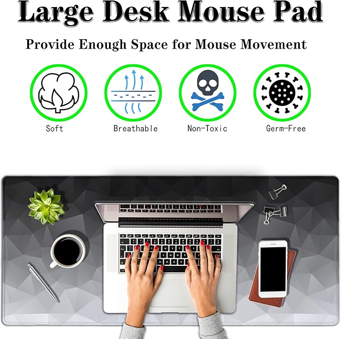 Computer Desk Mat XXL Mousepad Big Mouse Pad Gaming Desk Mats Office Pad Non-Slip Rubber Base Waterproof with Stitched Edges 35.4 X 15.7 for Game Office, White Grey Geometric