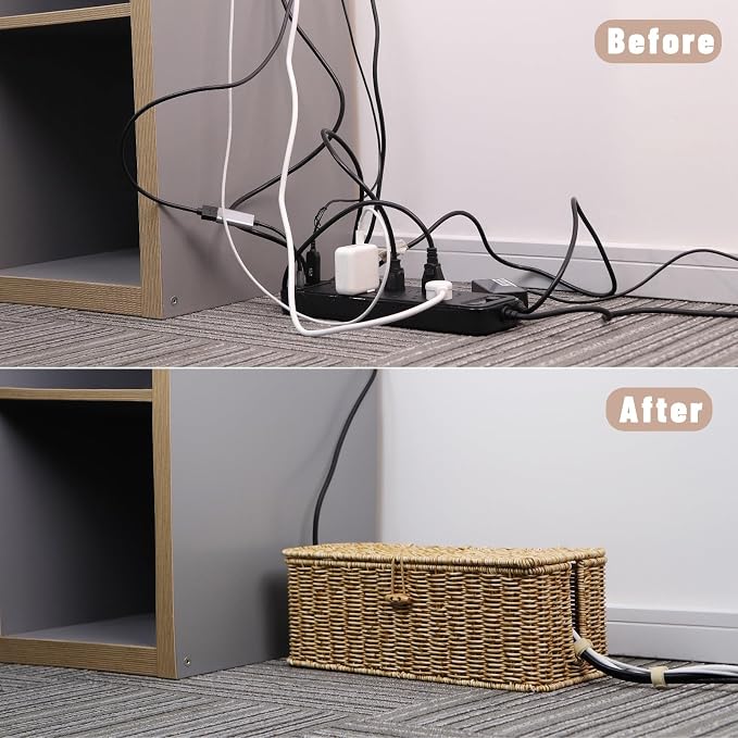 BROWNLILY Cable Management Box, Rattan Style Cord Organizer for Desk Cord Hider Outlet Covers Baby Proofing for Power Strip TV PC Router Charger Under Desk Storage with Lockable Lid and Cable Ties - Image 6
