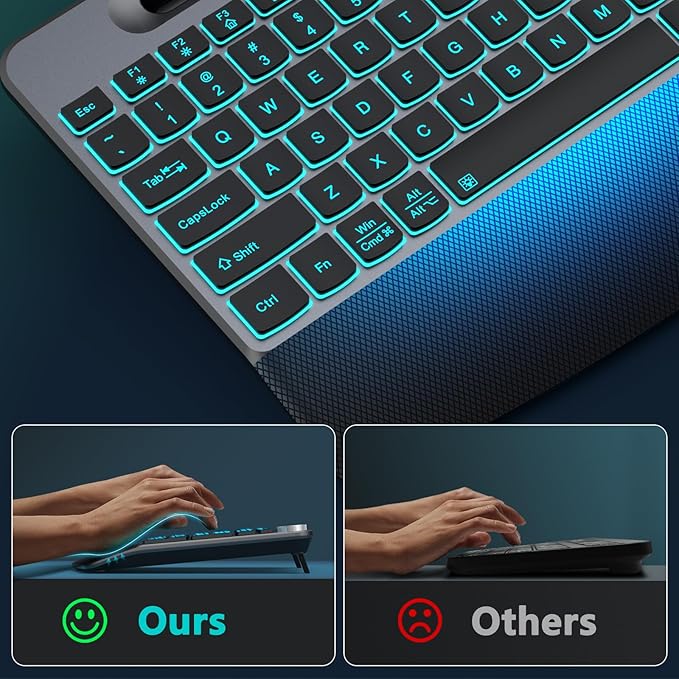 Ergonomic Backlit Wireless Keyboard with Wrist Rest-Low-Profile,Phone/Tablet Holder,Rechargeable with Light Up Keyboard,Cordless Quiet Computer Keyboard for Desktop,Laptop, PC, Mac-Grey