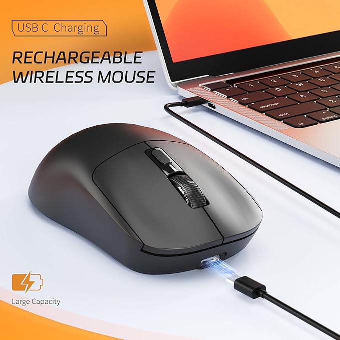 Uiosmuph G01 Wireless Mouse, USB C Rechargeable Ergonomic Computer Mouse, 2.4GHz Optical with USB Receiver & Type C Adapter for Laptop, PC, Mac, Chromebook - Black