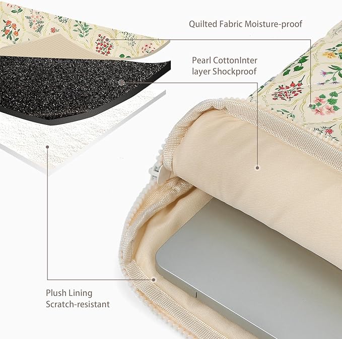 Puffy Laptop Sleeve Case Cute Computer Bag, 14 Inch Flower Printed Quilted Laptop Carrying Cases, Protective Floral Soft Padded Cover Accessories, Compatible with 14"" Notebook, Style A