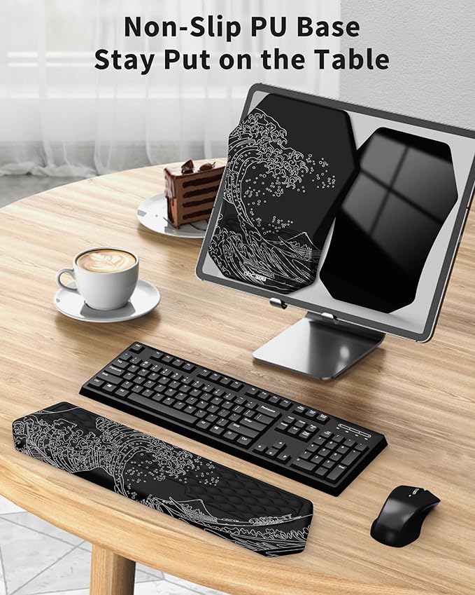 Ergonomic Mouse Pad Wrist Rest Support, Massage Design Surface for Carpal Tunnel Pain Relief, Memory Foam, Non-Slip PU Base for Computer Desk, Kanagawa Japanese Sea Wave