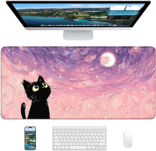 XL Gaming Mouse Pad, 31.5x15.7'' Large Desk Mat with Anti-Slip Rubber Base & Stitched Edges for Gaming, Office, Home - Van Gogh Cat