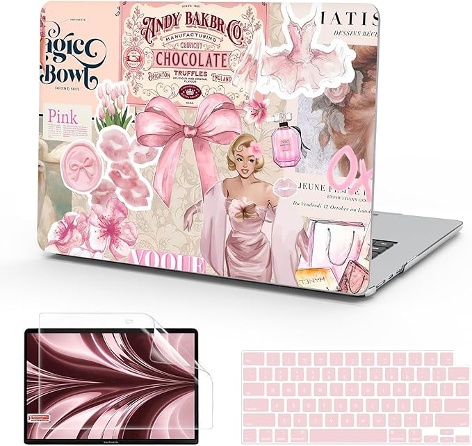 B BELK Compatible with MacBook Air 13 inch Case M5 2026-2022 M4 M3 M2 A3449 A3240 A3113 A2681, Plastic Hard Shell+Keyboard Cover+Screen Protector for MacBook Air 13.6 inch Case, Vintage Pink Collage