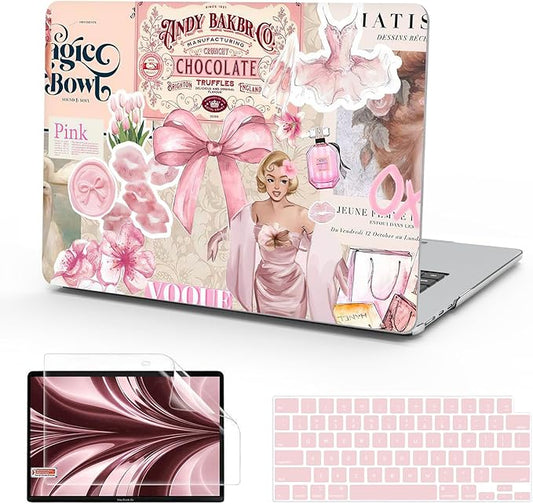 B BELK Compatible with MacBook Air 13 inch Case M5 2026-2022 M4 M3 M2 A3449 A3240 A3113 A2681, Plastic Hard Shell+Keyboard Cover+Screen Protector for MacBook Air 13.6 inch Case, Vintage Pink Collage