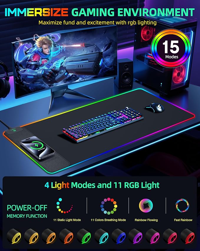 Wireless Charging Mouse Pad, RGB Gaming Desk Mat, 31.5"x15.7" Large XXL Desk Pad, 15 Lighting Modes, Ultra-Smooth Surface, Non-Slip Mouse Mat, Waterproof Computer Keyboard Pad for Desk, Office, Black