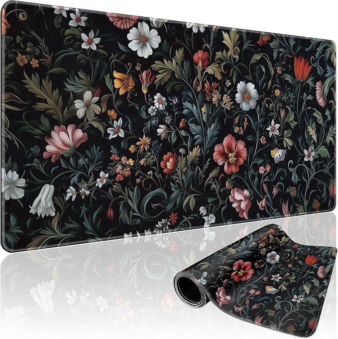 Dark Floral Pattern Large Gaming Mouse Pad 31.5"x15.7"｜XXL Desk Mat, Non-Slip Rubber Base & Stitched Edges - Extended Waterproof Mousepad for PC/Laptop/Office/Home Decor