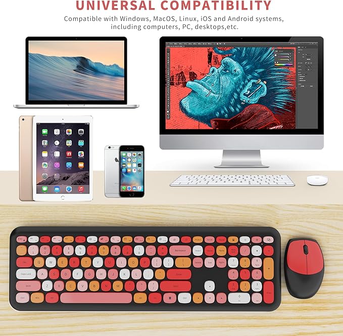 Wireless Keyboard and Mouse Combo, Colorful Ergonomic Full Size Retro Low-Noise Keyboard with Cute keycaps, Compatible with Windows, PC, Perfer for Home and Office Keyboards (Black)