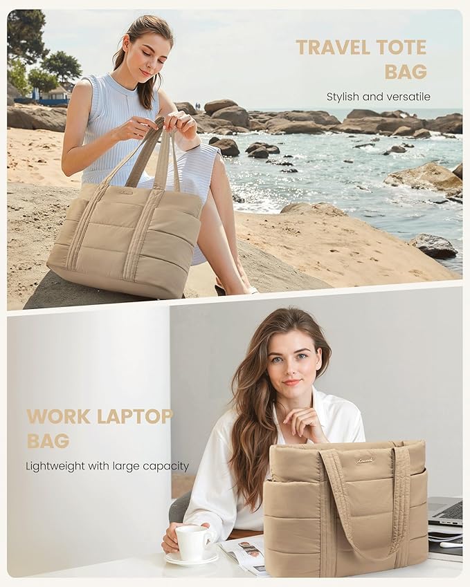 LOVEVOOK Tote Bag for Women, Large Puffer Work Tote Bag for 17.3 Inch Laptop, Lightweight Travel Tote with Zipper Gifts for Women