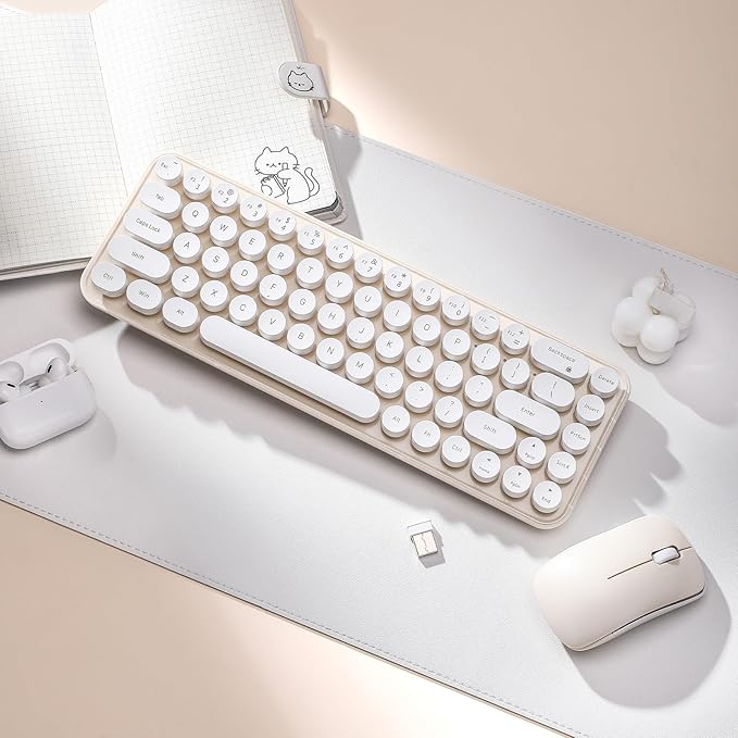 i68 Wireless Keyboard and Mouse Combo, Retro Typewriter Style Keyboard with Round Keycaps, 2.4GHz Connection with Computer PC Desktops Laptop WindowsxP/7/8/10 (Yellow)