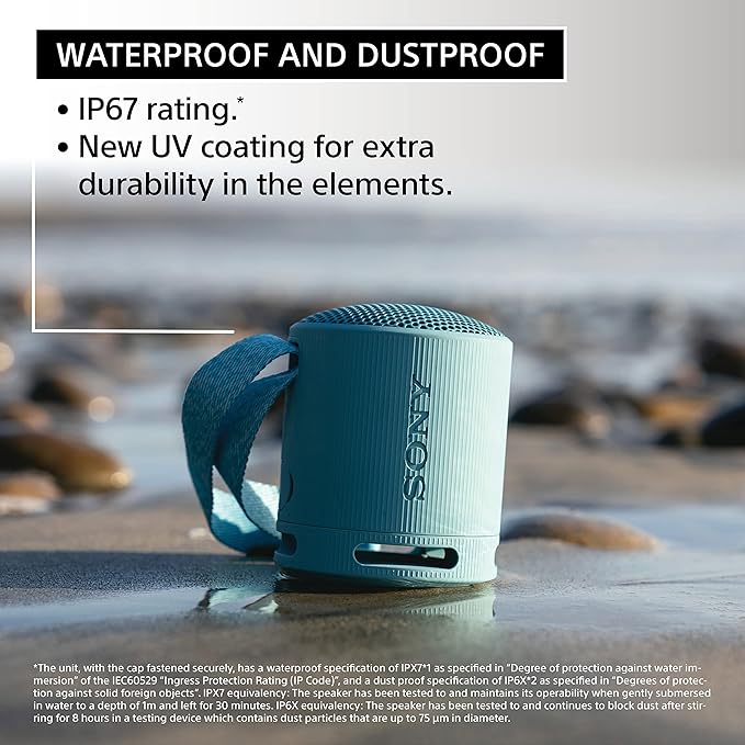 Sony SRS-XB100 Wireless Bluetooth Portable Lightweight Super-Compact Travel Speaker, Durable IP67 Waterproof & Dustproof Shower Speaker, 16 Hr Battery, Versatile Strap, Hands-free Calling, Light Gray