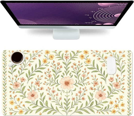 Large Mouse Pad, Beige Flowers Desk Mat for Desktop, Women Girls Flowers PU Leather Waterproof Desk Pad, Computer PC Laptop Protector Gaming Mouse Pads for School Office Home 31.5" x 15.7"