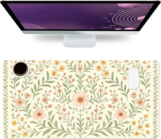 Large Mouse Pad, Beige Flowers Desk Mat for Desktop, Women Girls Flowers PU Leather Waterproof Desk Pad, Computer PC Laptop Protector Gaming Mouse Pads for School Office Home 23.6" x 11.8"
