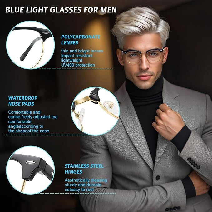 Blue Light Glasses Men and Woman, 99% Blue Light Blocking Glasses for Computer Gaming TV Phone Screen Half Frame