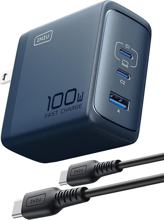 INIU for Macbook Pro Air Charger, 100W 3-Port PD Fast Charging, Compact Foldable Charger With USB C Cable, GaN Power Adapter For Mac Book, iPad, iPhone 17, Samsung S25, Switch, Camping, Business, Blue
