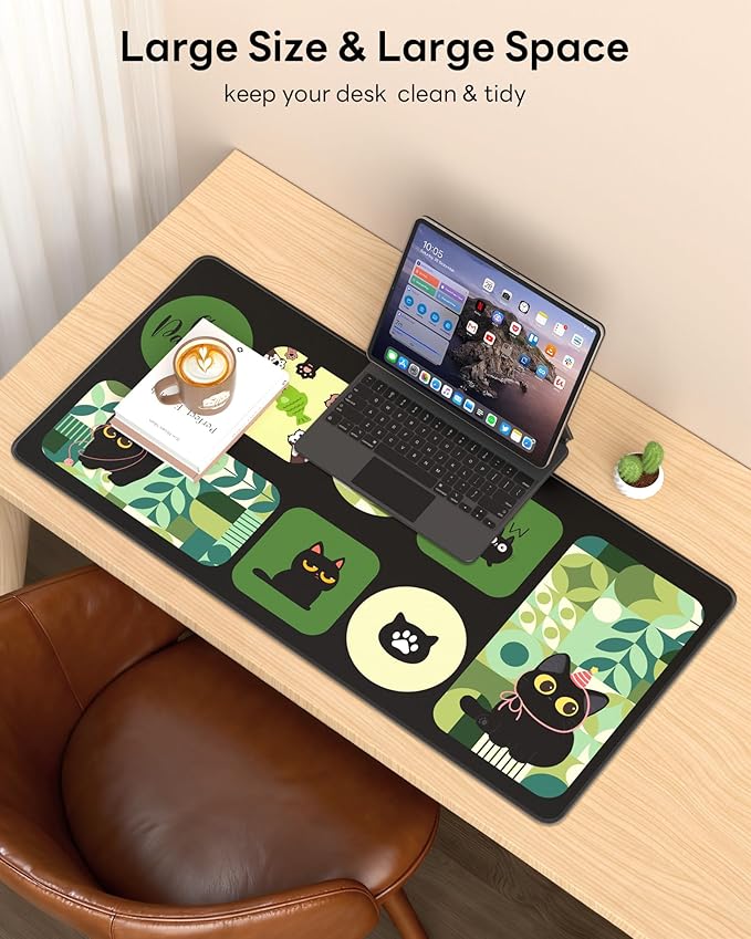 XL Gaming Mouse Pad, 31.5x15.7'' Large Desk Mat with Anti-Slip Rubber Base & Stitched Edges for Gaming, Office, Home - Cute Kitty
