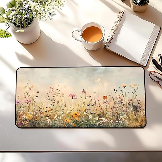 Beige Watercolor Flower Desk Mat, Oil Painting Style Desk Matt, Plant Flower Mouse Mat, Game Desktop Cover Mat, Women's Laptop Keyboard and Mouse Pad, Bohemian Office Desk Decor 31.5"X15.7"